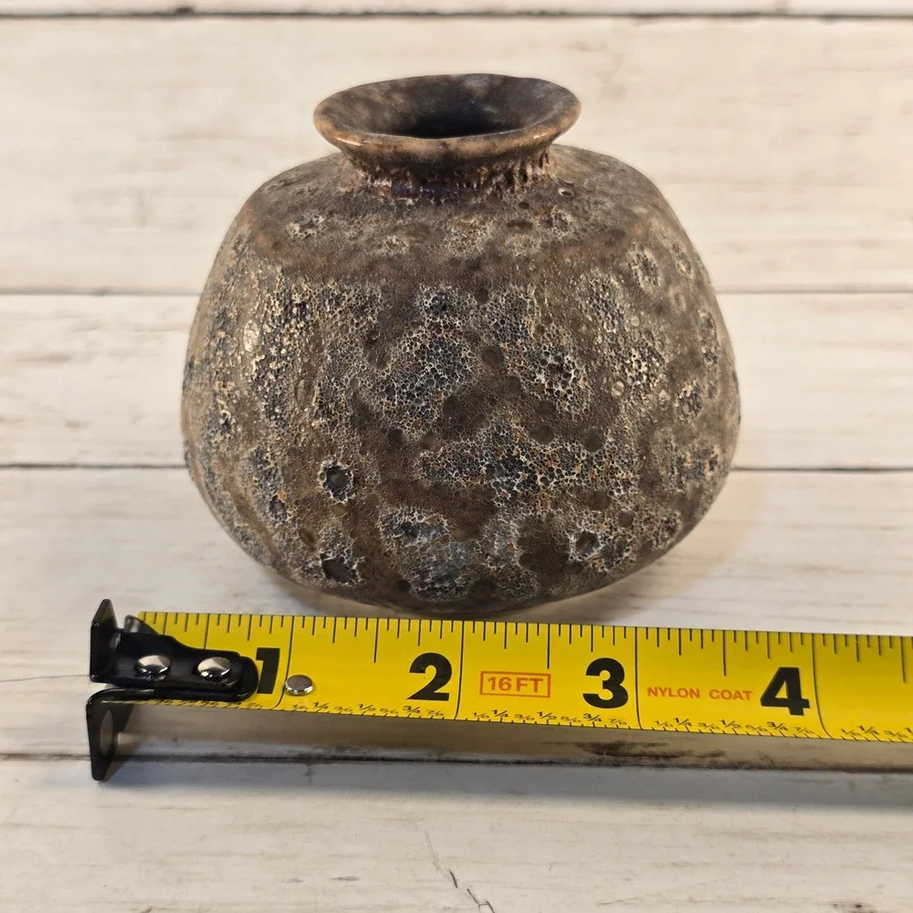 Studio Pottery Bud Vase Volcanic Lava Glaze Brown Earthy Textured Small 3.25in